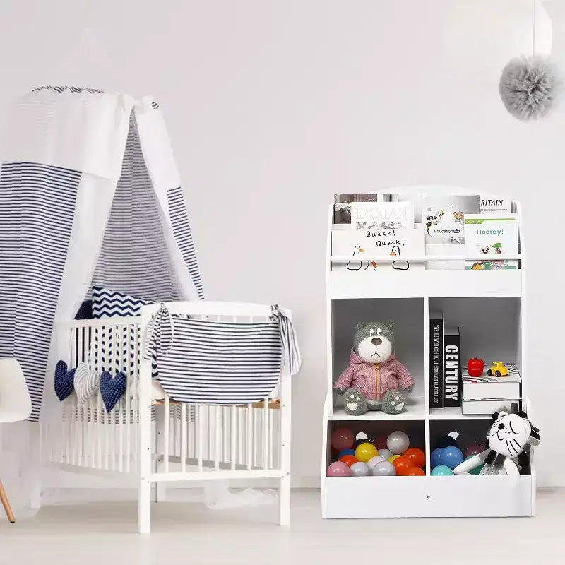 Organisateur de jouets et bibliothèque pour enfants, étagère à livres à 3 niveaux avec 2 bacs de rangement, en bois de pin, sans danger pour les enfants, 35x14x39 pour salle de jeux chambre à coucher