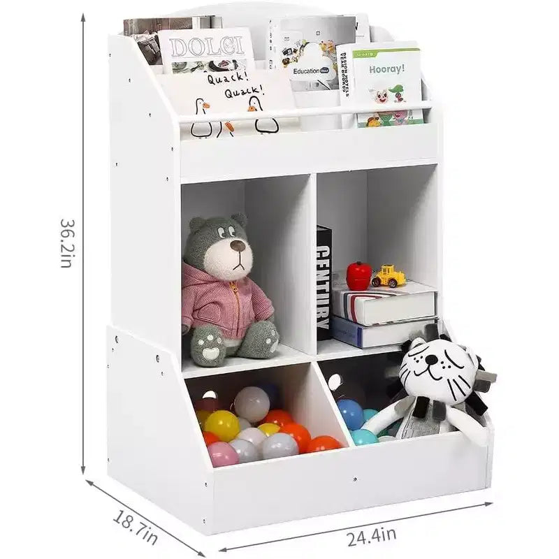Organisateur de jouets et bibliothèque pour enfants, étagère à livres à 3 niveaux avec 2 bacs de rangement, en bois de pin, sans danger pour les enfants, 35x14x39 pour salle de jeux chambre à coucher