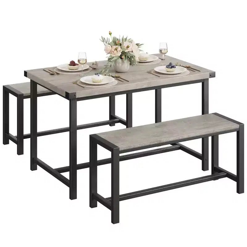 3-Piece Dining Table Set for 4 with 2 Benches, Kitchen Table with Corner Protectors, H-Shaped Frame, Compact for Apartments & Small Spaces
