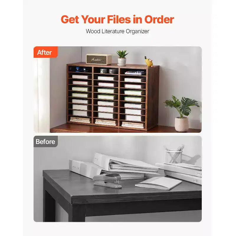 Organiseur de documents VEVOR, casier de bureau à 27 compartiments avec étagères amovibles, trieur de courrier en panneaux de particules de bois, marron