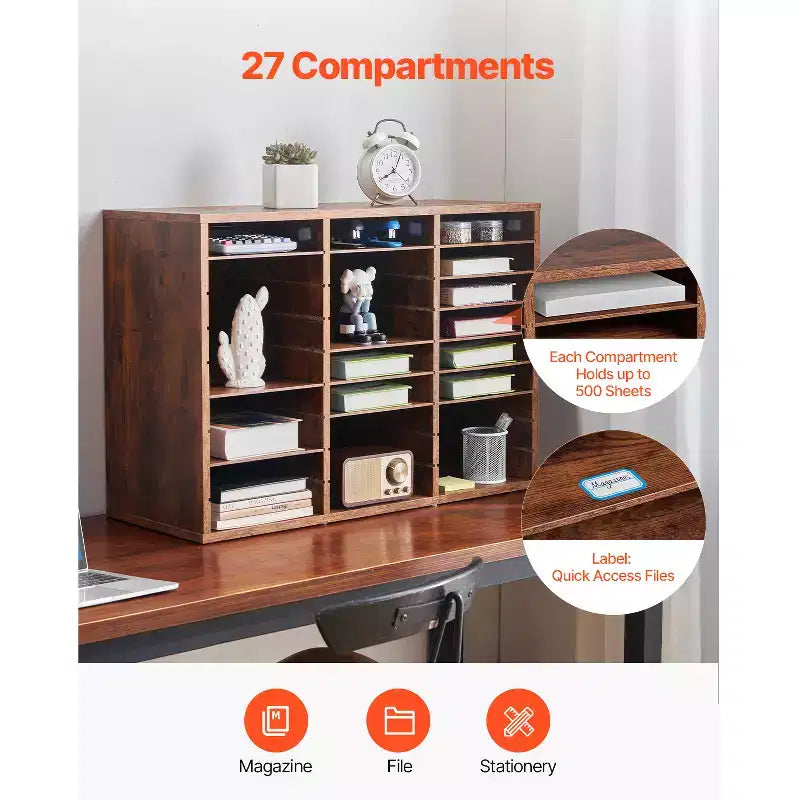 Organiseur de documents VEVOR, casier de bureau à 27 compartiments avec étagères amovibles, trieur de courrier en panneaux de particules de bois, marron