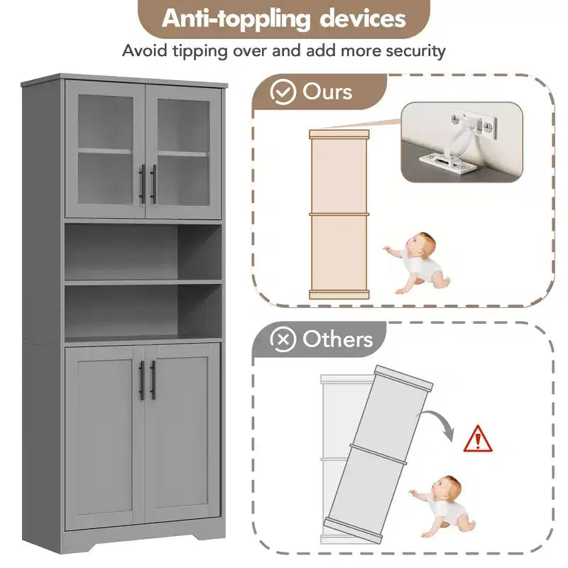 Meuble de rangement autoportant pour cuisine de 67 po de haut, meuble de rangement de salle de bain avec 4 portes et étagères réglables