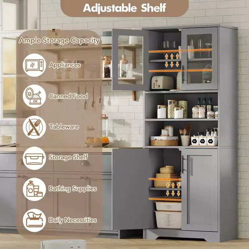 Meuble de rangement autoportant pour cuisine de 67 po de haut, meuble de rangement de salle de bain avec 4 portes et étagères réglables