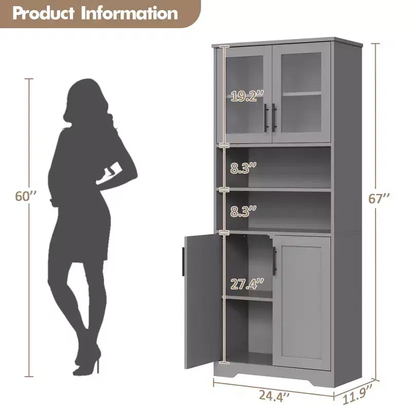 Meuble de rangement autoportant pour cuisine de 67 po de haut, meuble de rangement de salle de bain avec 4 portes et étagères réglables