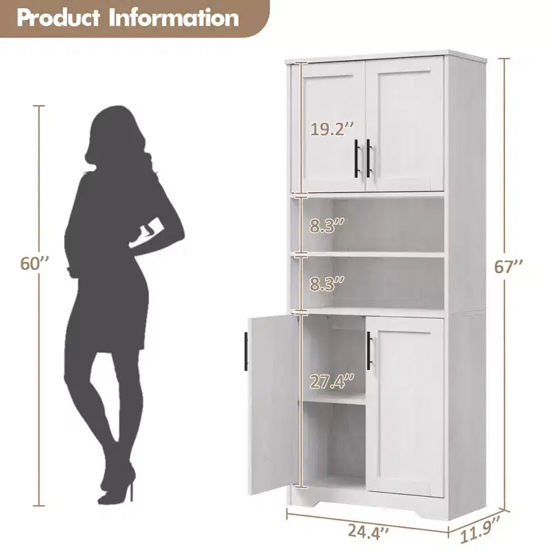 Meuble de rangement autoportant pour cuisine de 67 po de haut, meuble de rangement de salle de bain avec 4 portes et étagères réglables