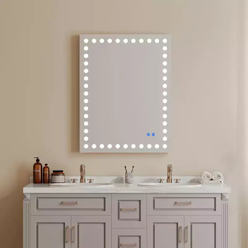 Miroir de salle de bain avec 3 lumières circulaires frontales blanches, miroir rectangulaire avec interrupteur tactile dimmable, anti-buée, mémoire, miroir mural de courtoisie incassable blanc