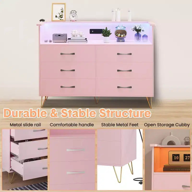 Commode de chambre avec lumières LED, commode à 6 tiroirs avec station de charge, commode de rangement en bois pour entrée