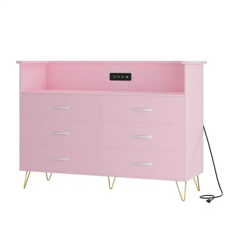 Commode de chambre avec lumières LED, commode à 6 tiroirs avec station de charge, commode de rangement en bois pour entrée