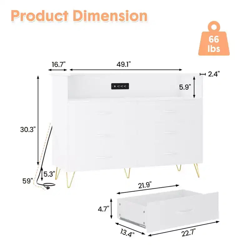 Commode de chambre avec lumières LED, commode à 6 tiroirs avec station de charge, commode de rangement en bois pour entrée