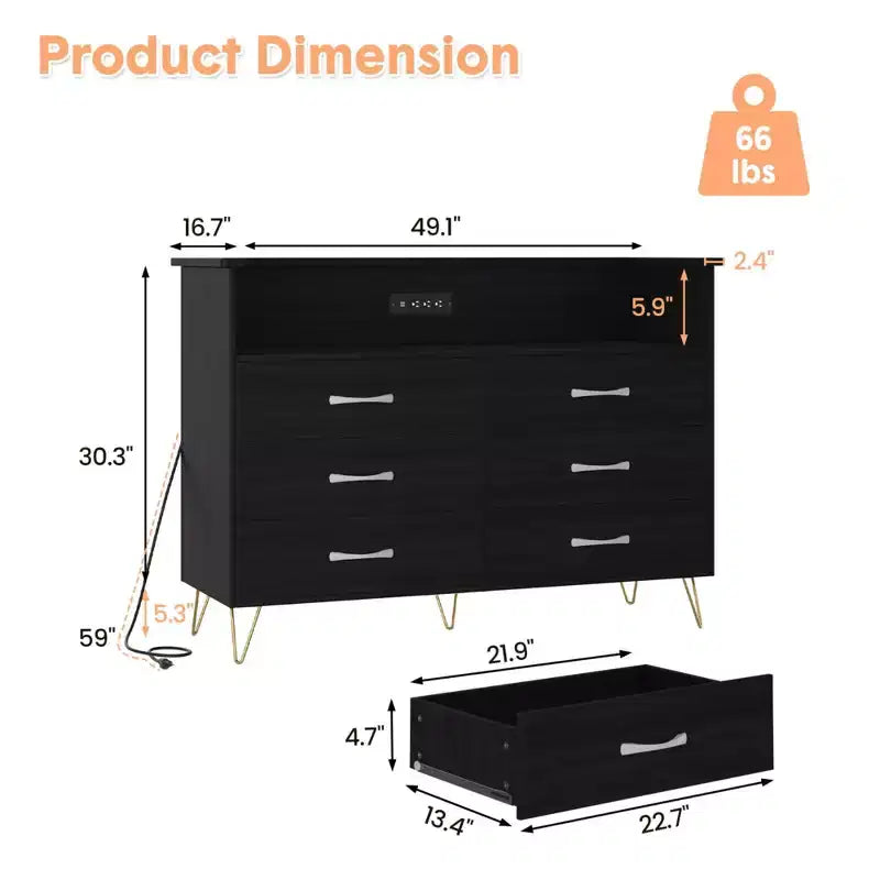 Commode de chambre avec lumières LED, commode à 6 tiroirs avec station de charge, commode de rangement en bois pour entrée