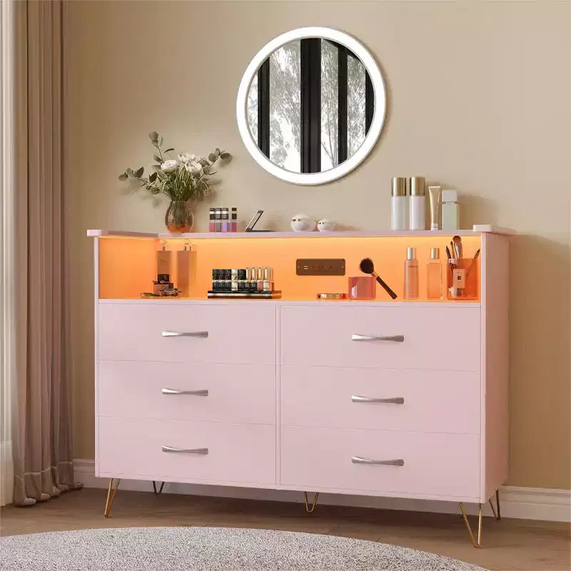 Dresser for Bedroom with LED Lights  6 Drawer Dressers with Charging Station, Wood Storage Chest for Entryway