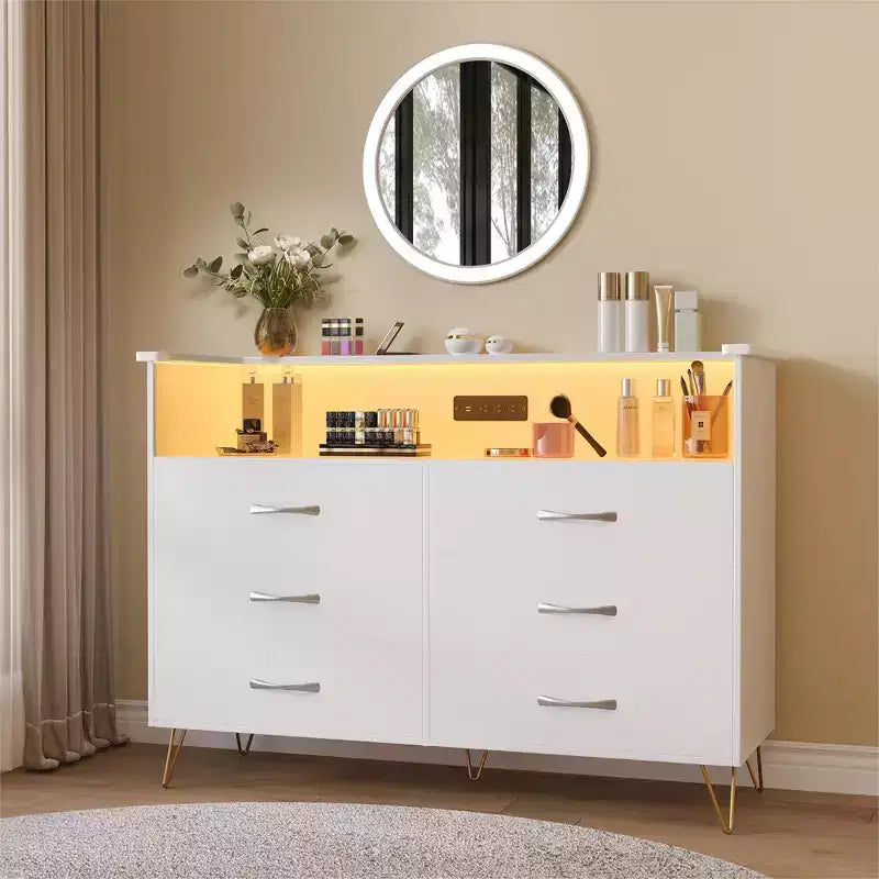Dresser for Bedroom with LED Lights  6 Drawer Dressers with Charging Station, Wood Storage Chest for Entryway