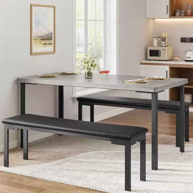 Dining Table Set for 4, Kitchen Table with 2 Benches, Metal Frame, Space-Saving Dining Room Dinette Sets for Kitchen, Dining Room