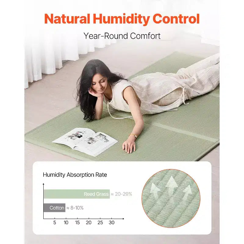 Tapis de tatami japonais VEVOR, matelas de tatami japonais pliable de taille Queen (herbe de jonc naturelle), matelas de sol japonais avec envers antidérapant, vert