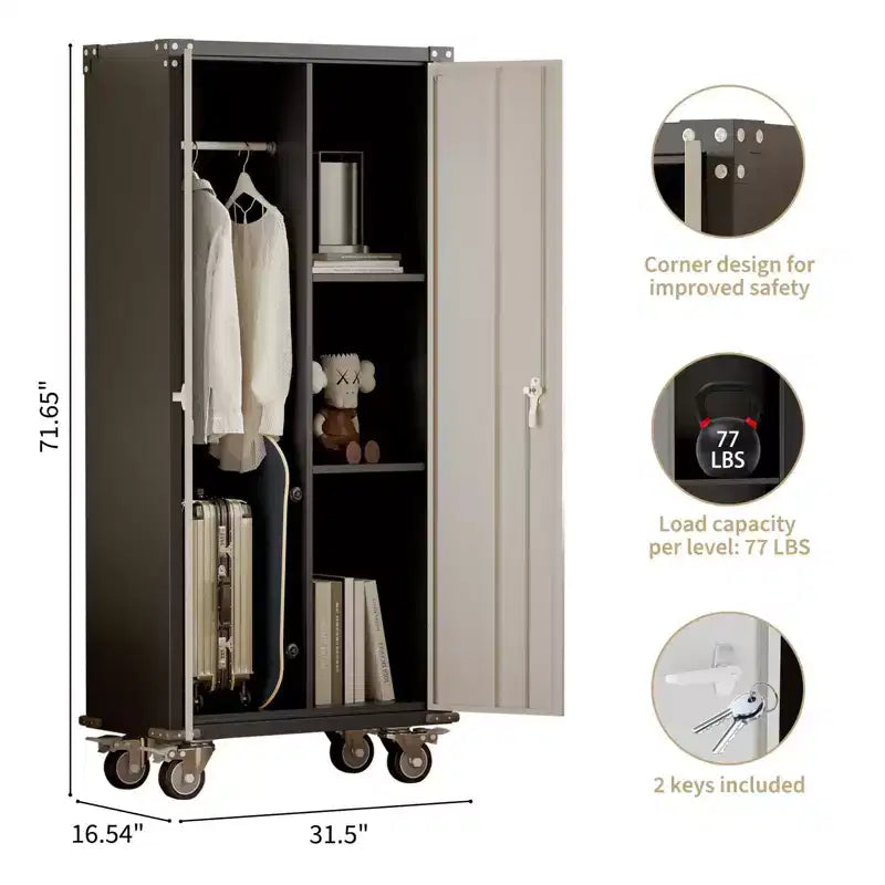 71 Armoire de rangement métallique, 4 pieds réglables et serrure, armoire de rangement haute avec portes et 4 étagères réglables