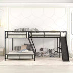 Lit superposé en métal (double au-dessus de grand), lit superposé en L pour 3 enfants, lit superposé triple robuste avec bureau et toboggan, noir