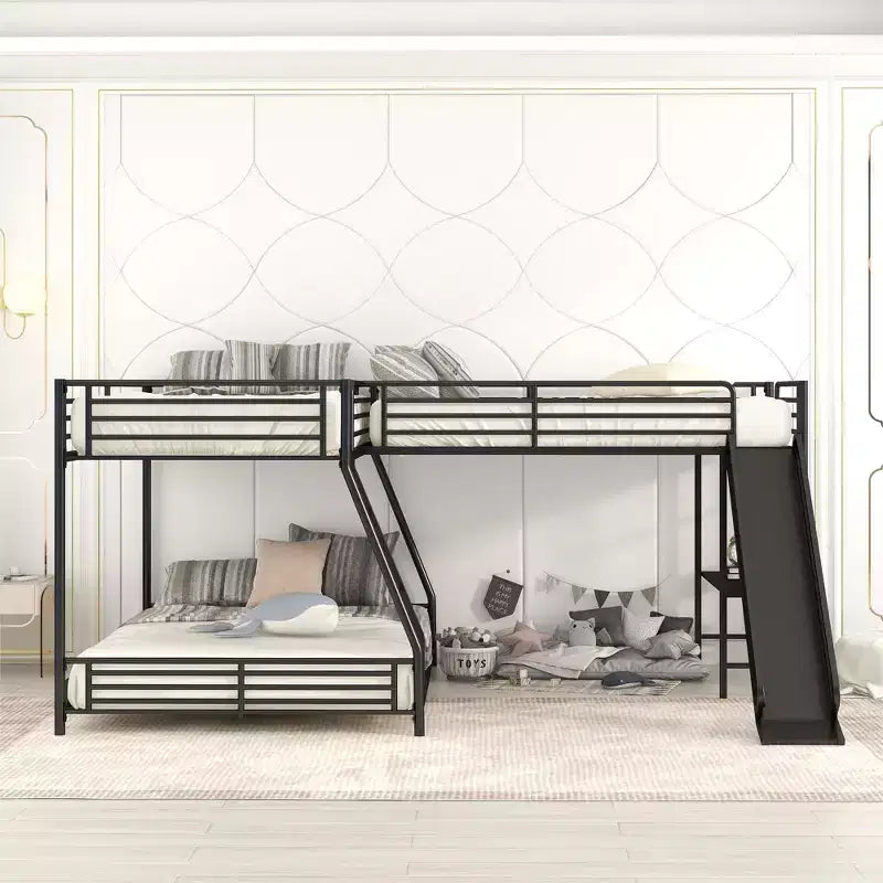 Lit superposé en métal (double au-dessus de grand), lit superposé en L pour 3 enfants, lit superposé triple robuste avec bureau et toboggan, noir