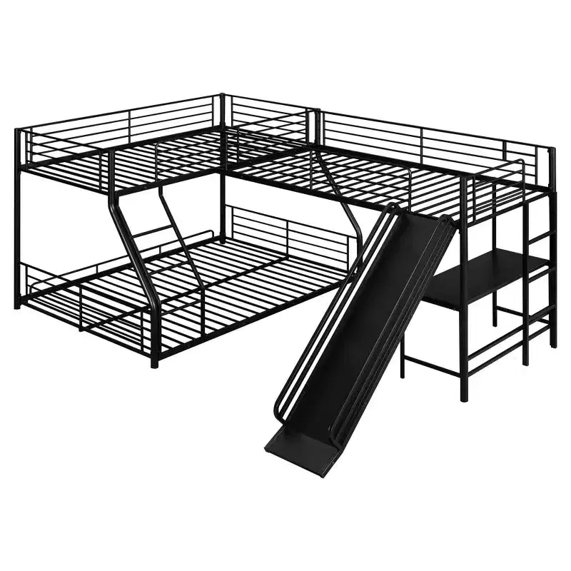 Lit superposé en métal (double au-dessus de grand), lit superposé en L pour 3 enfants, lit superposé triple robuste avec bureau et toboggan, noir