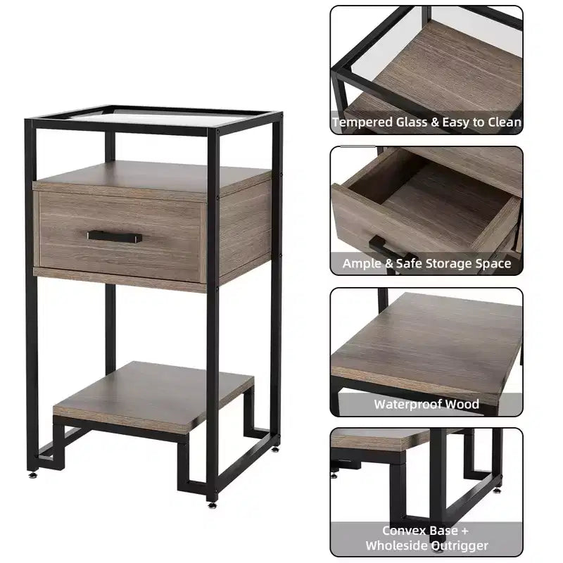 1PCS Nightstands, Beside Table with Storage Drawer and 3-Tier StorageSmall End Table