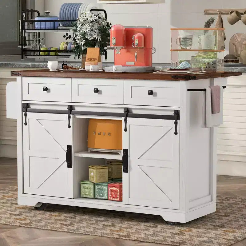 53.7 Farmhouse Kitchen Island with Power Outlet, Sliding Barn Doors, Drop Leaf, Spice Rack, Rolling Kitchen Cart