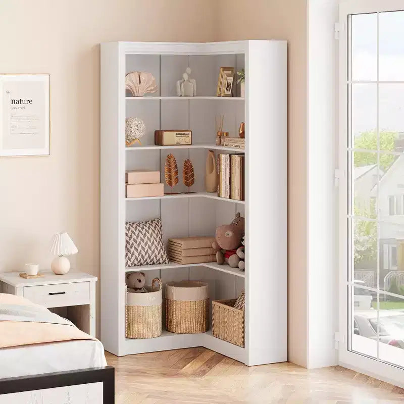 Bibliothèque d'angle de 182 cm de haut, bibliothèque d'angle en L à 5 niveaux, étagères de style fermier avec rangement pour salon, bureau à domicile, blanc