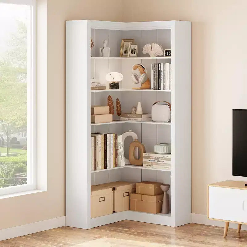 Bibliothèque d'angle de 182 cm de haut, bibliothèque d'angle en L à 5 niveaux, étagères de style fermier avec rangement pour salon, bureau à domicile, blanc