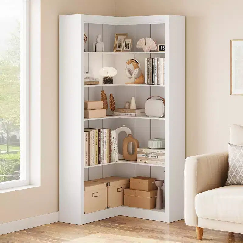 Bibliothèque d'angle de 182 cm de haut, bibliothèque d'angle en L à 5 niveaux, étagères de style fermier avec rangement pour salon, bureau à domicile, blanc