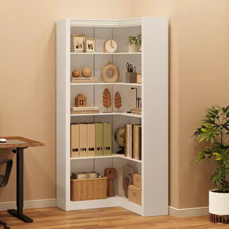 Bibliothèque d'angle de 182 cm de haut, bibliothèque d'angle en L à 5 niveaux, étagères de style fermier avec rangement pour salon, bureau à domicile, blanc