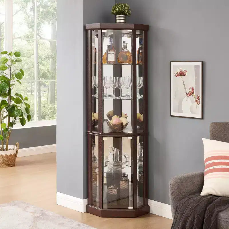 Meuble d'angle, vitrine d'angle avec portes et étagères en verre, vitrine d'exposition d'angle pour salon