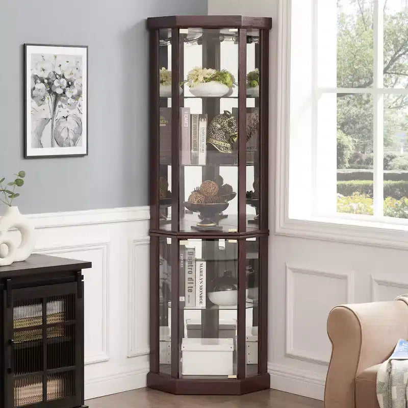 Meuble d'angle, vitrine d'angle avec portes et étagères en verre, vitrine d'exposition d'angle pour salon