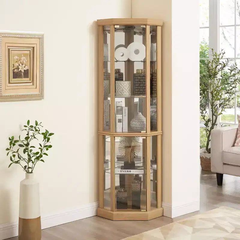 Meuble d'angle, vitrine d'angle avec portes et étagères en verre, vitrine d'exposition d'angle pour salon