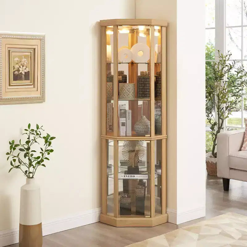 Meuble d'angle, vitrine d'angle avec portes et étagères en verre, vitrine d'exposition d'angle pour salon