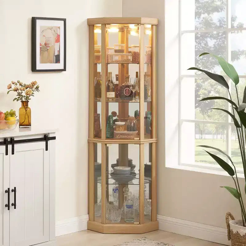 Meuble d'angle, vitrine d'angle avec portes et étagères en verre, vitrine d'exposition d'angle pour salon
