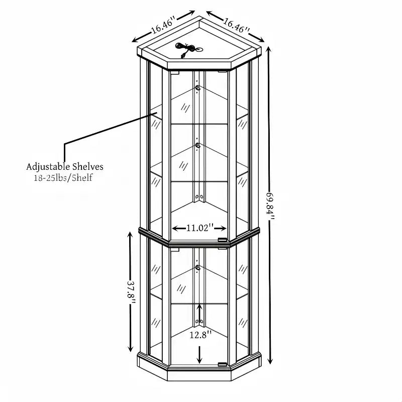 Meuble d'angle, vitrine d'angle avec portes et étagères en verre, vitrine d'exposition d'angle pour salon