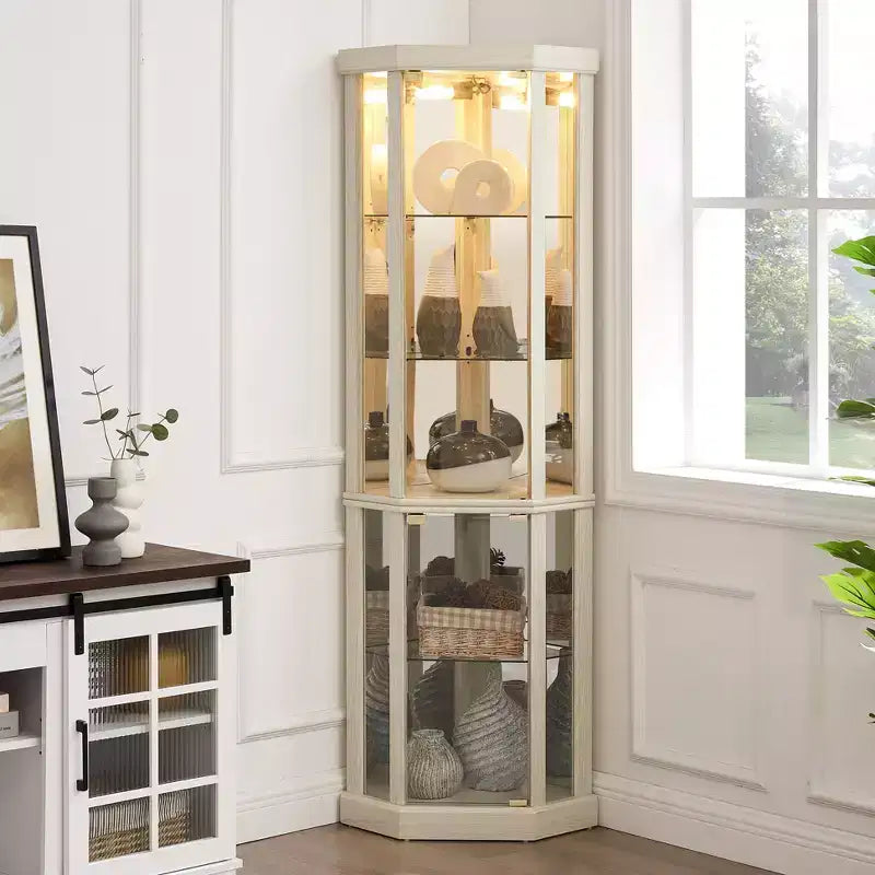 Meuble d'angle, vitrine d'angle avec portes et étagères en verre, vitrine d'exposition d'angle pour salon