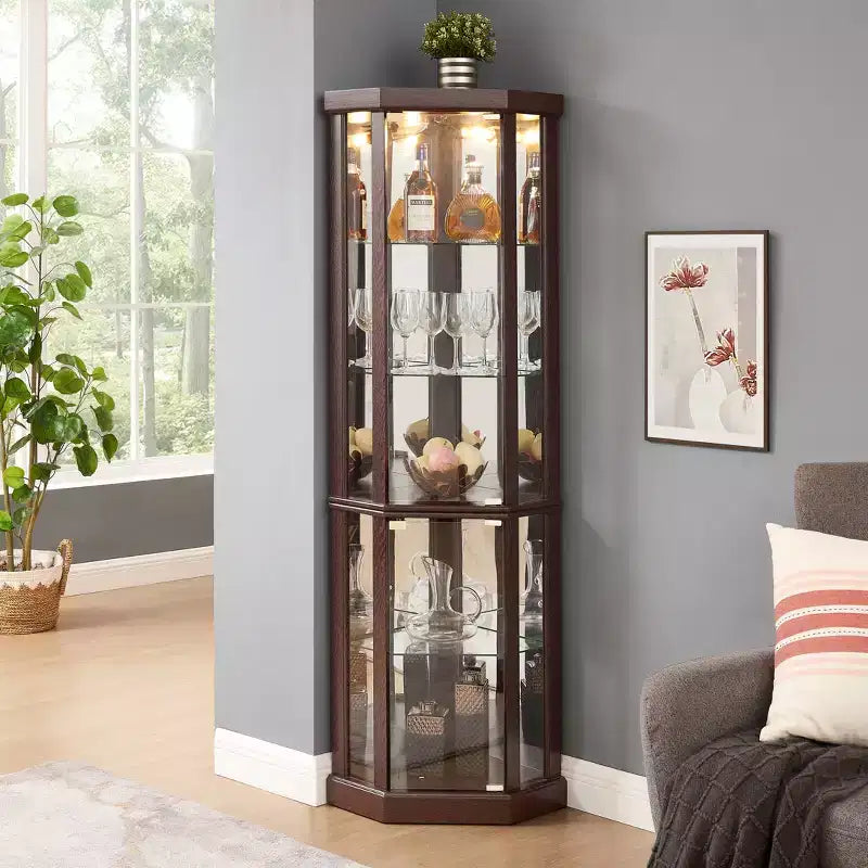 Corner Cabinet, Curio Cabinet with Glass Doors and Shelves, Corner Display Case for Living Room