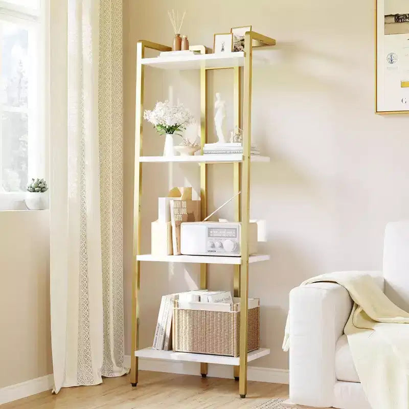 Acekool 4-Tier Gold Bookshelf, Narrow Display Shelf with Marble-Textured Shelves and Metal Frame, Bookcase for Bedroom or Office