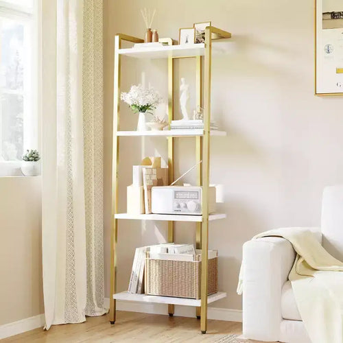 Acekool 4-Tier Gold Bookshelf, Narrow Display Shelf with Marble-Textured Shelves and Metal Frame, Bookcase for Bedroom or Office