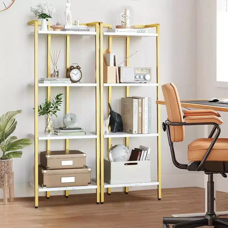 Étagère à 4 niveaux dorée, Étagère de présentation étroite avec étagères effet marbre et cadre en métal, Bibliothèque pour chambre ou bureau