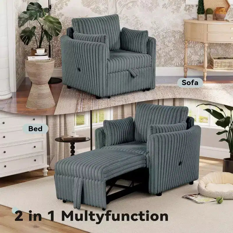 Fauteuil de salon convertible avec port USB et 2 oreillers, Canapé-lit une place convertible, Canapés-lits gigognes