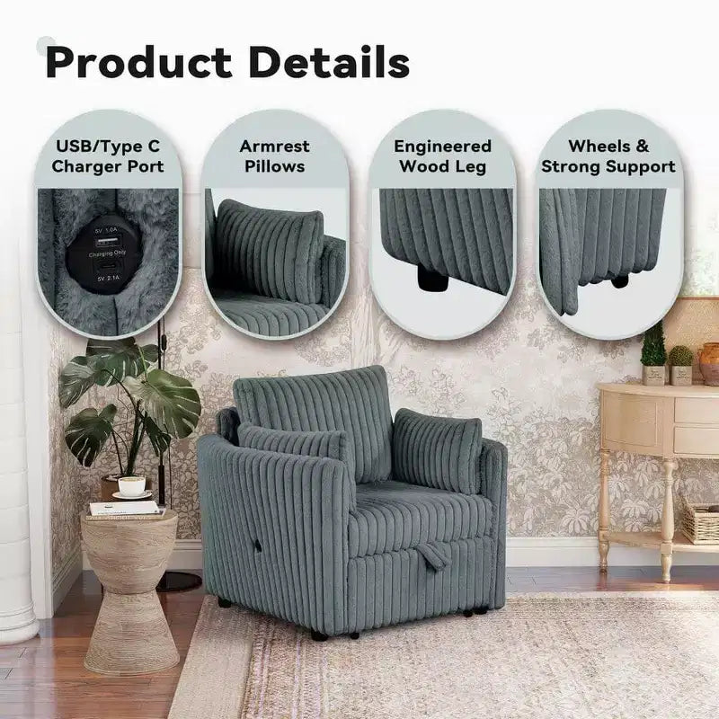 Fauteuil de salon convertible avec port USB et 2 oreillers, Canapé-lit une place convertible, Canapés-lits gigognes