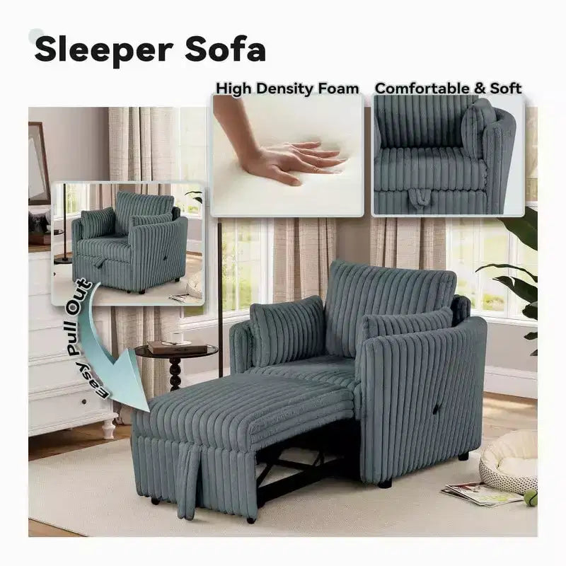 Fauteuil de salon convertible avec port USB et 2 oreillers, Canapé-lit une place convertible, Canapés-lits gigognes