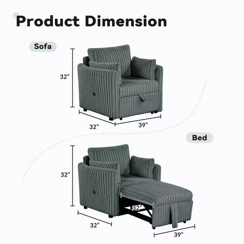 Fauteuil de salon convertible avec port USB et 2 oreillers, Canapé-lit une place convertible, Canapés-lits gigognes