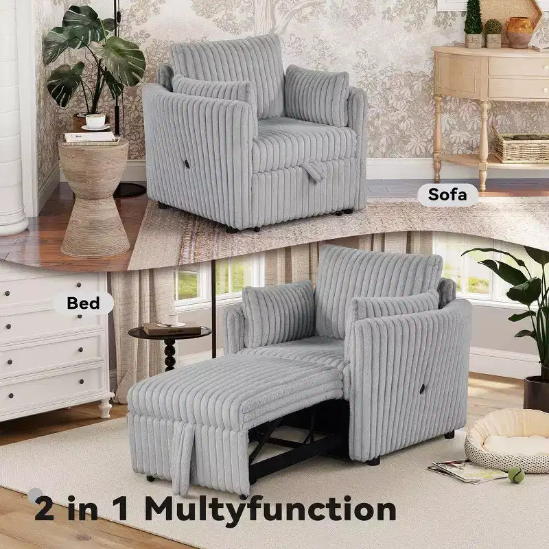 Fauteuil de salon convertible avec port USB et 2 oreillers, Canapé-lit une place convertible, Canapés-lits gigognes