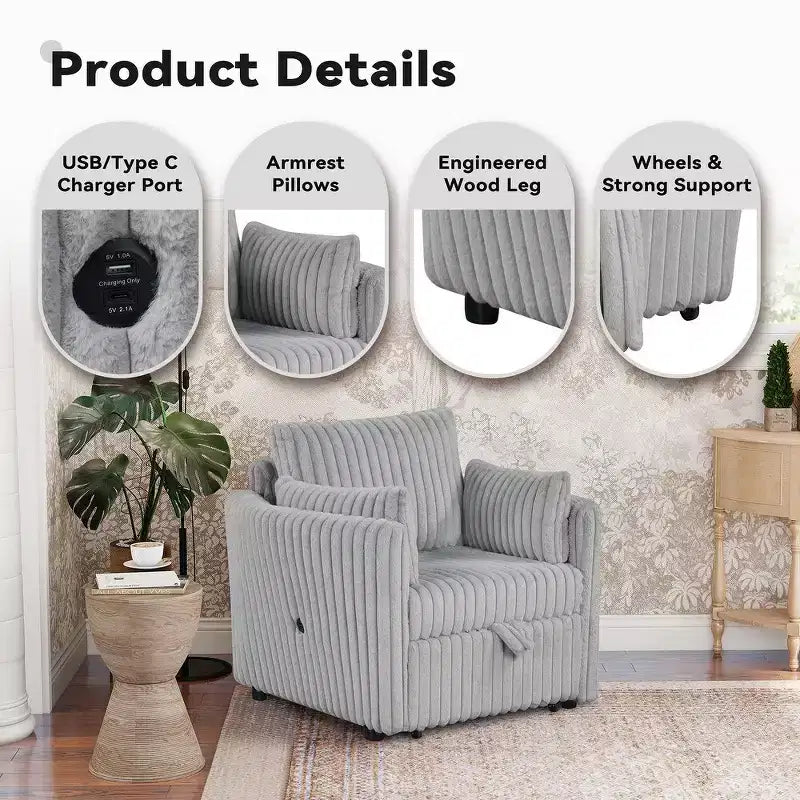 Fauteuil de salon convertible avec port USB et 2 oreillers, Canapé-lit une place convertible, Canapés-lits gigognes