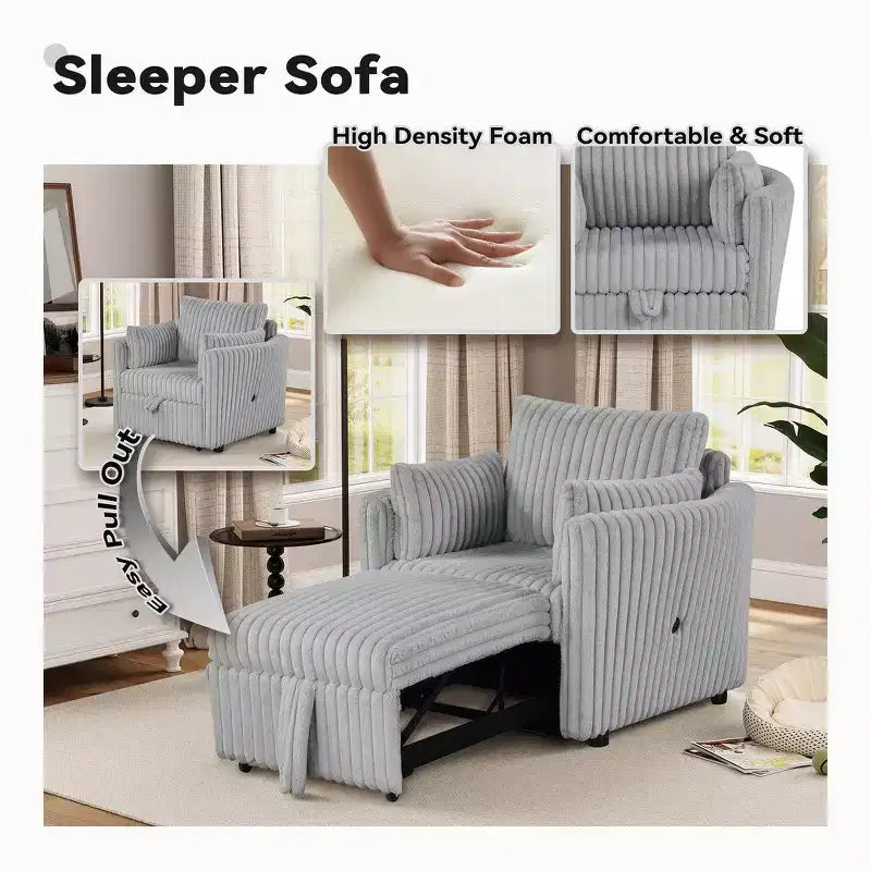 Fauteuil de salon convertible avec port USB et 2 oreillers, Canapé-lit une place convertible, Canapés-lits gigognes