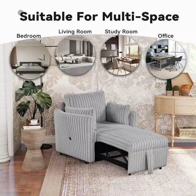 Fauteuil de salon convertible avec port USB et 2 oreillers, Canapé-lit une place convertible, Canapés-lits gigognes