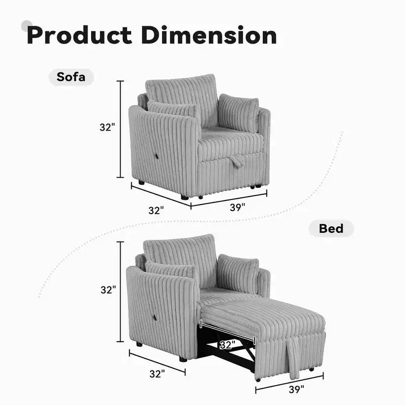 Fauteuil de salon convertible avec port USB et 2 oreillers, Canapé-lit une place convertible, Canapés-lits gigognes