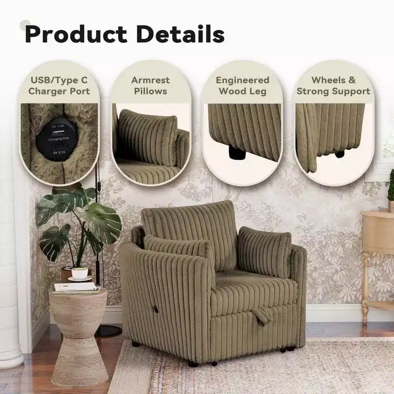 Fauteuil de salon convertible avec port USB et 2 oreillers, Canapé-lit une place convertible, Canapés-lits gigognes