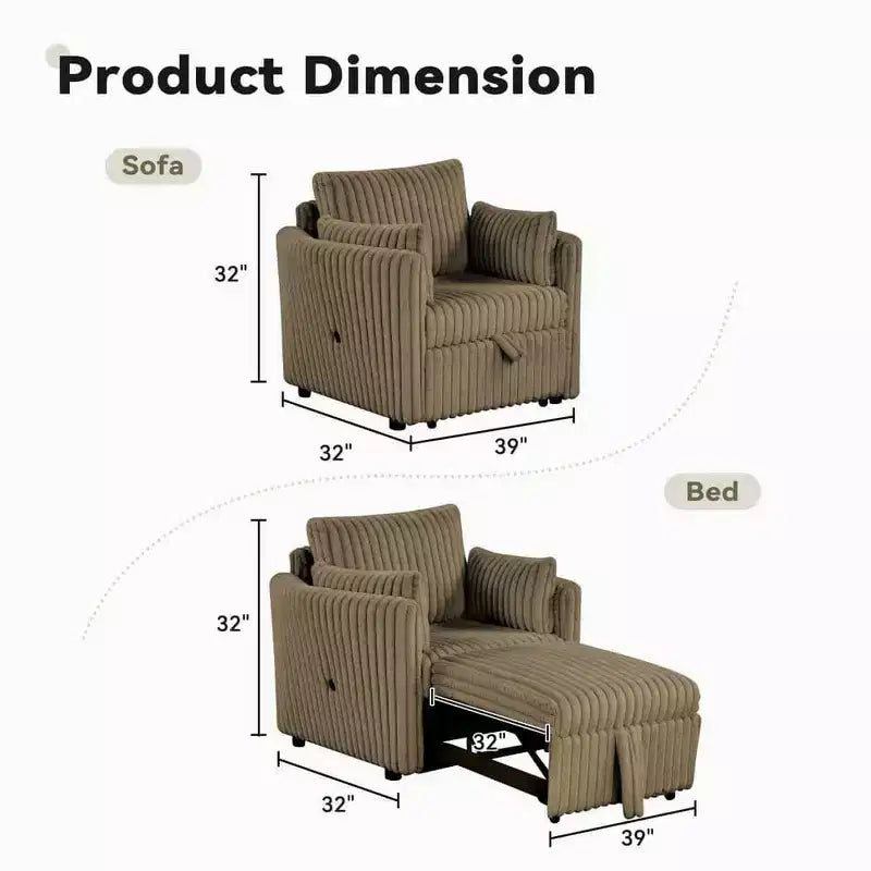 Fauteuil de salon convertible avec port USB et 2 oreillers, Canapé-lit une place convertible, Canapés-lits gigognes